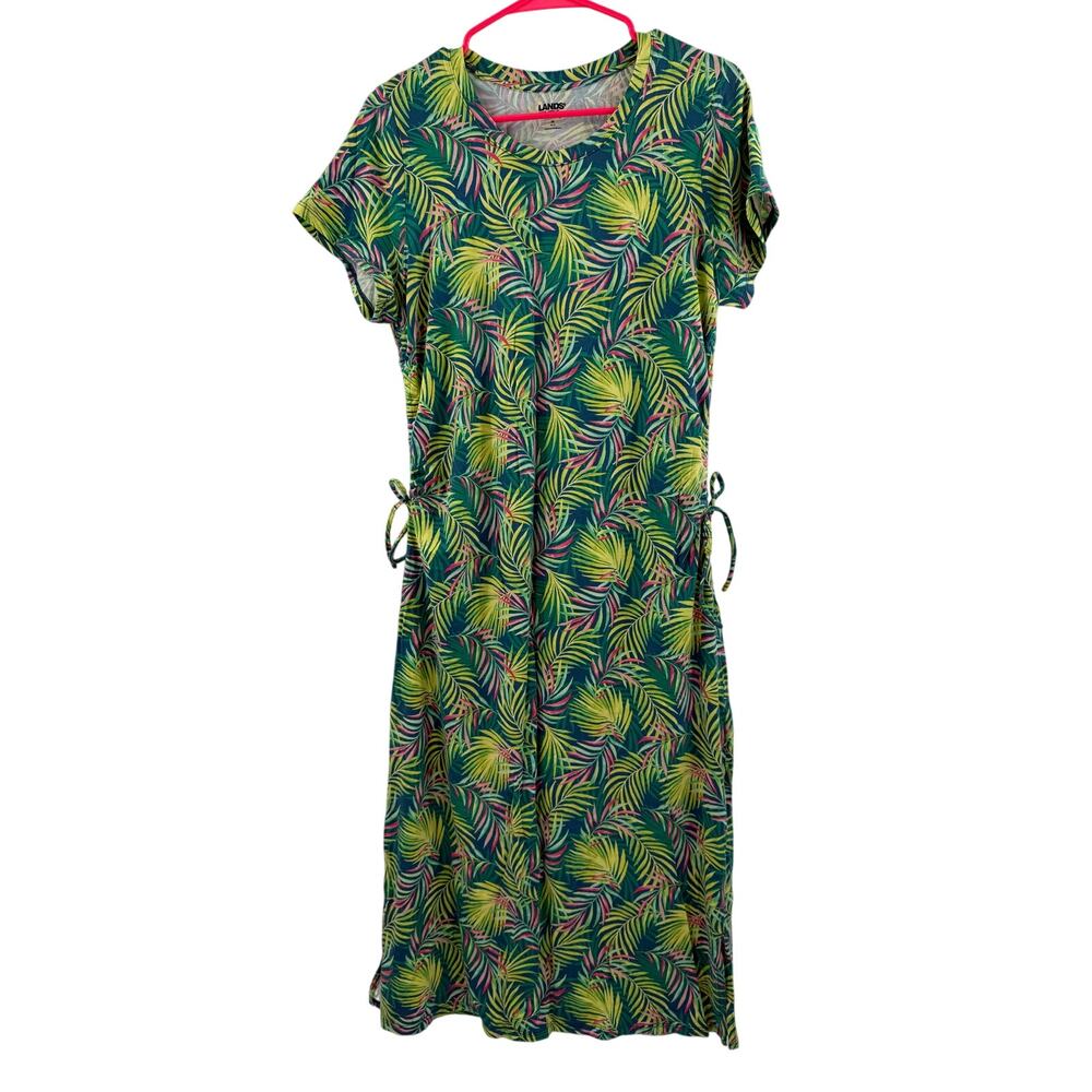 Lands' End Dress SZ Medium Jersey Palm Leaf Short Sleeve Ruched Side Midi/Maxi